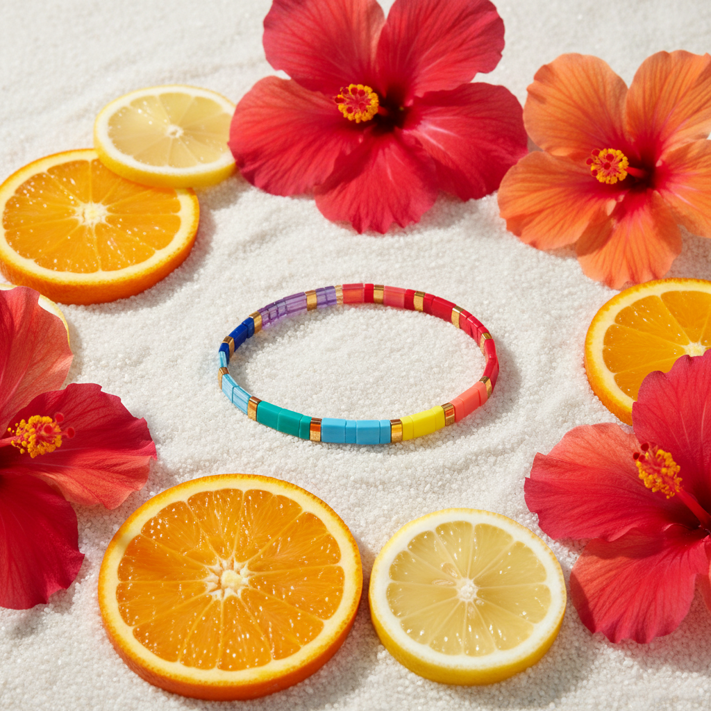 Coral Drift Bracelet flat lay with citrus and hibiscus on sand