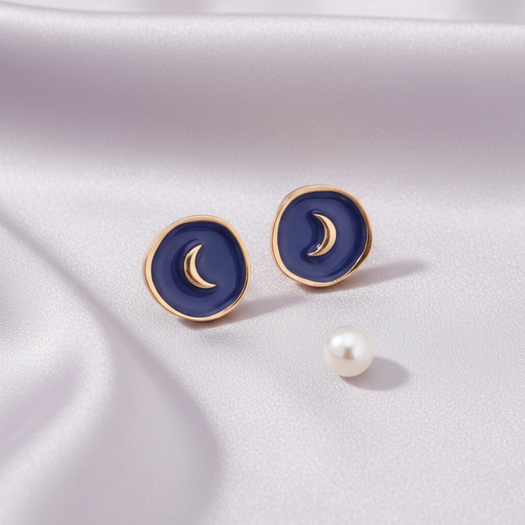 Luna Crescent Earrings flat lay on pale lavender silk