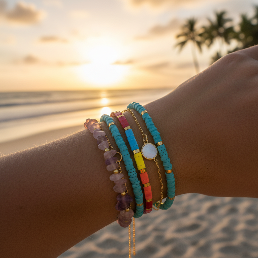 Coral Drift Bracelet stacked at beach sunset