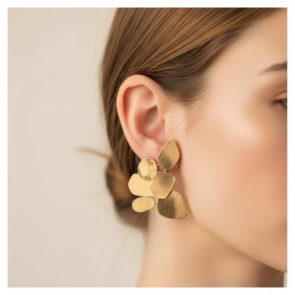 Whisper Leaf Earrings worn on ear cream background