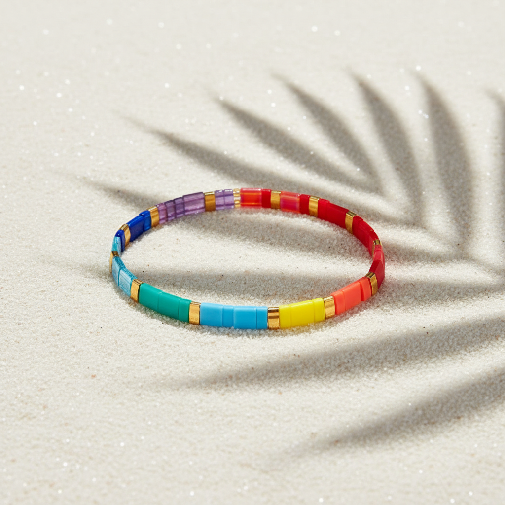 Coral Drift Bracelet on sand with palm leaf shadow