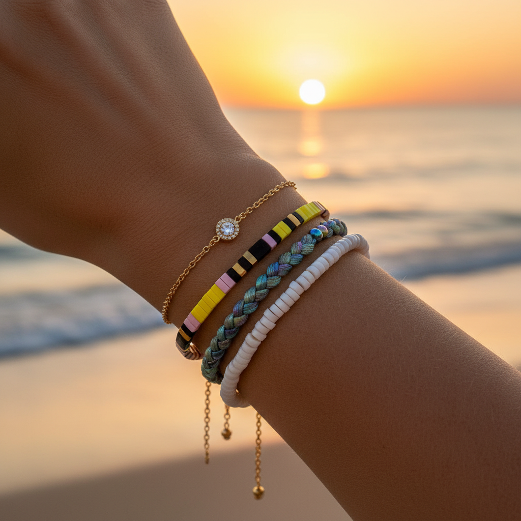 Horizon Charm Bracelet stacked at sunset