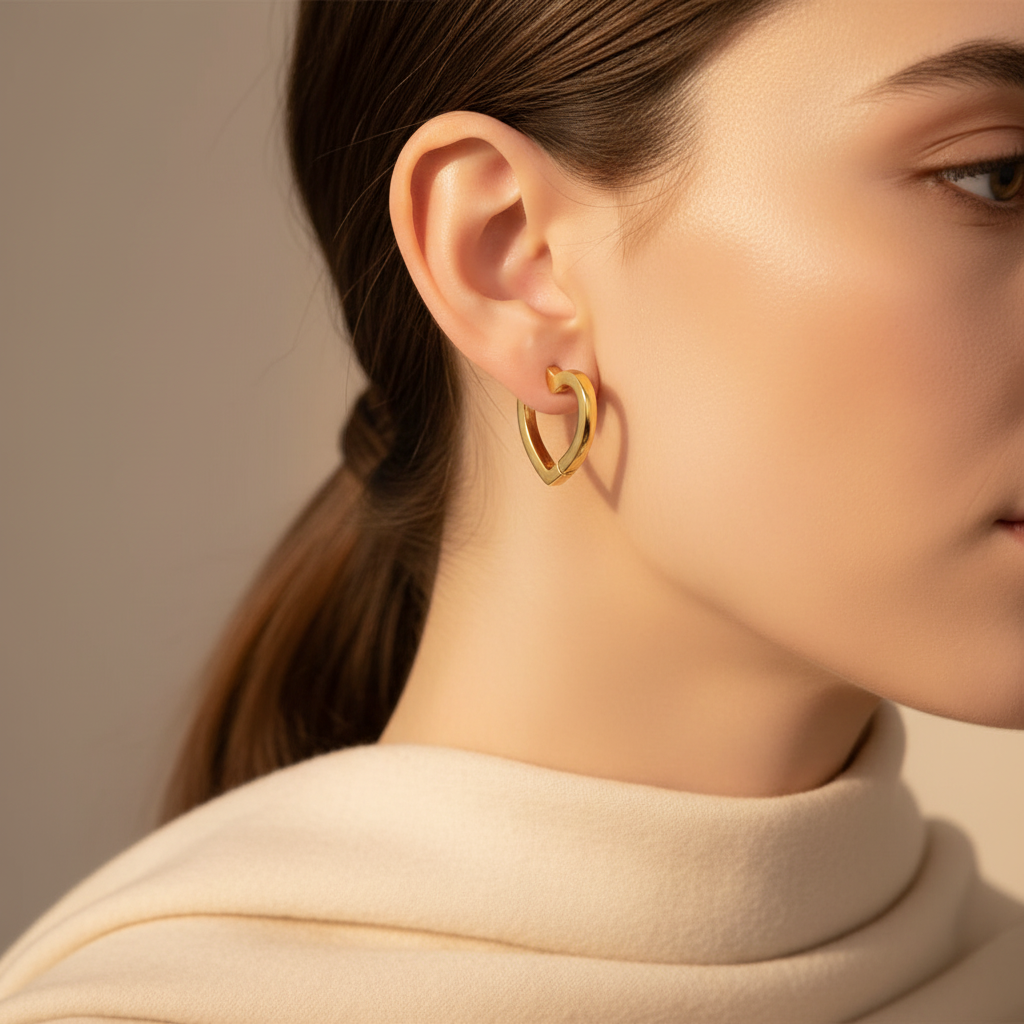 Moonlit Heart Earrings gold worn on ear cream background