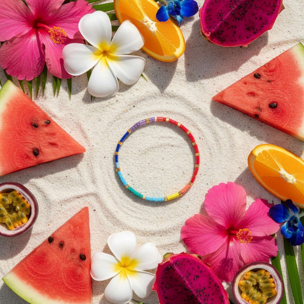 Coral Drift Bracelet flat lay with watermelon and tropical flowers on sand