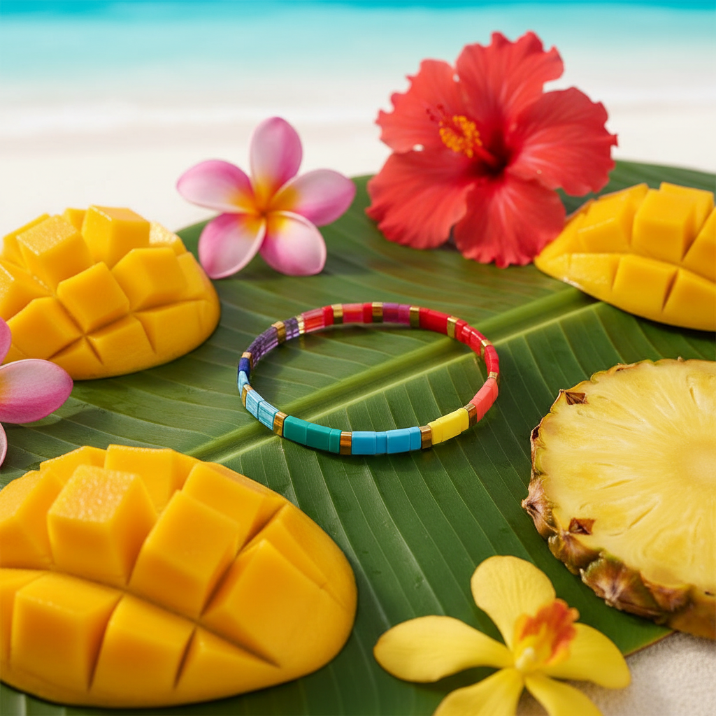 Coral Drift Bracelet on banana leaf with mango and pineapple