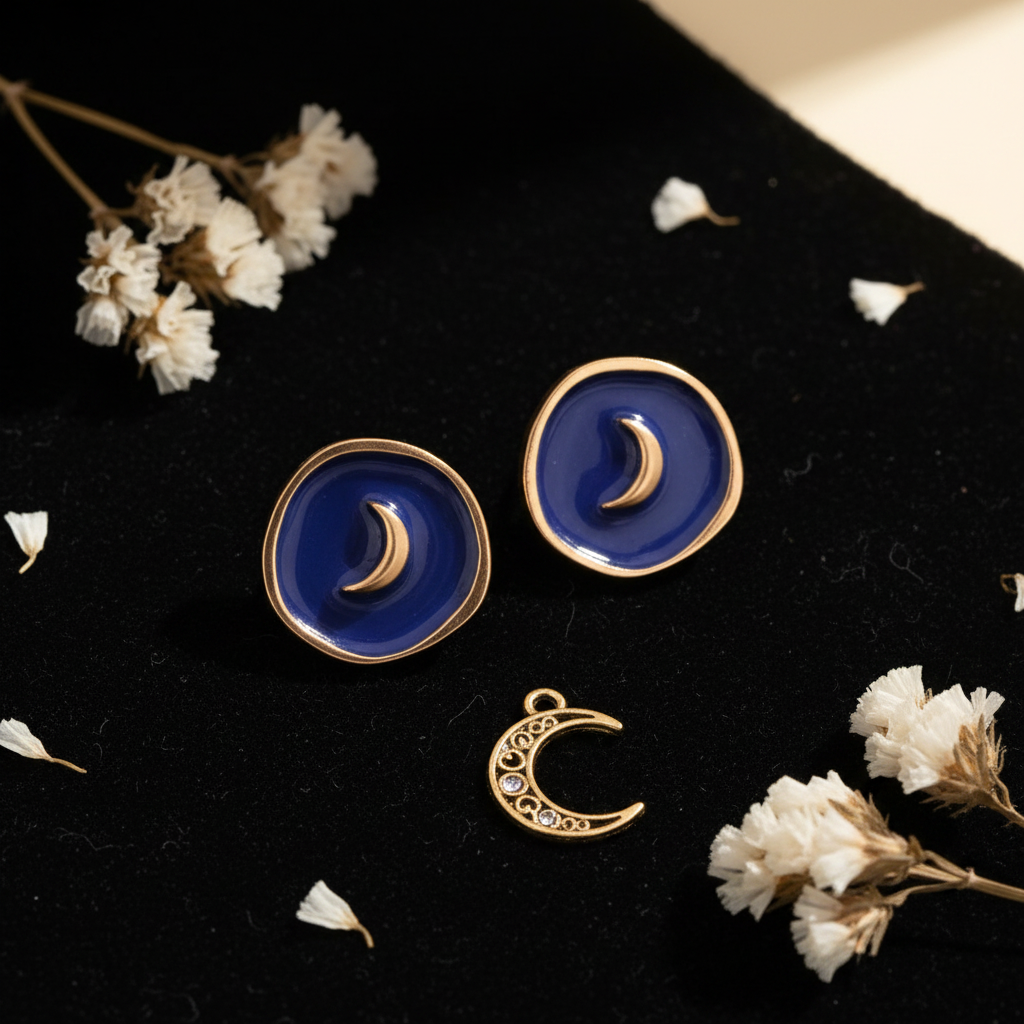 Luna Crescent Earrings on black velvet with white flowers