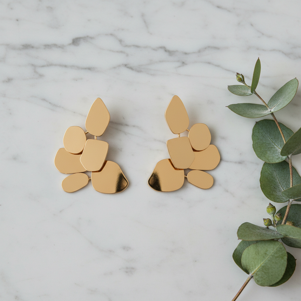 Whisper Leaf Earrings flat lay on grey marble with eucalyptus