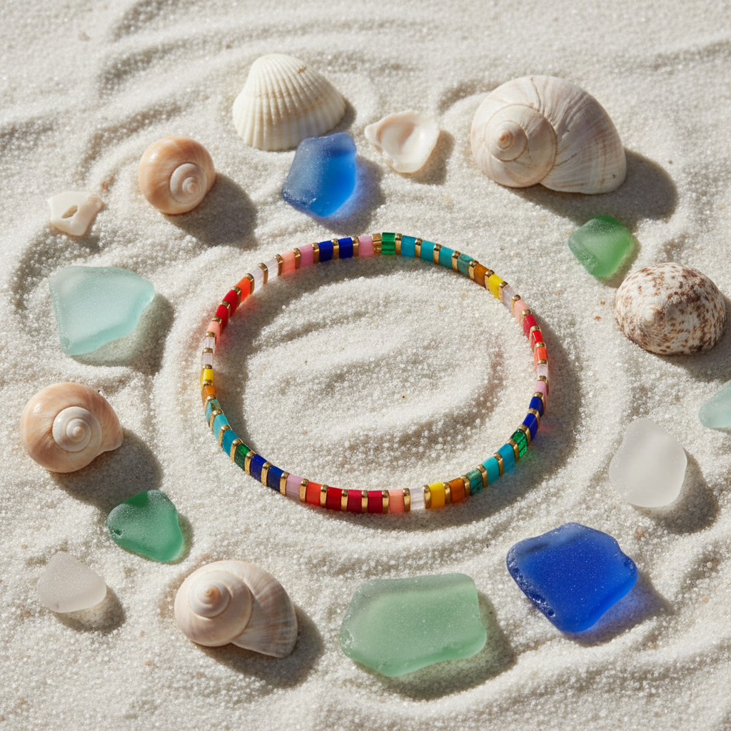 Shoreline Spell Bracelet flat lay on sand with seashells