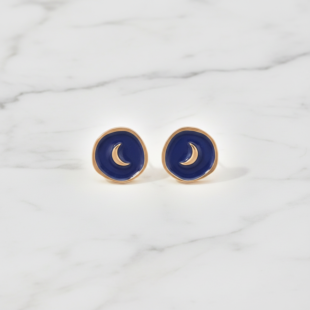 Luna Crescent Earrings flat lay on white marble