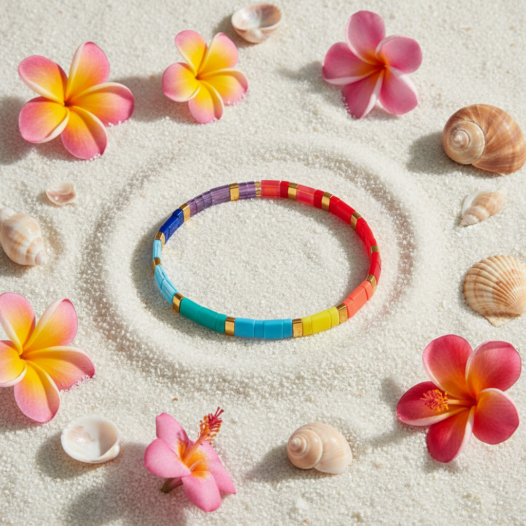 Coral Drift Bracelet flat lay on sand with tropical flowers and shells
