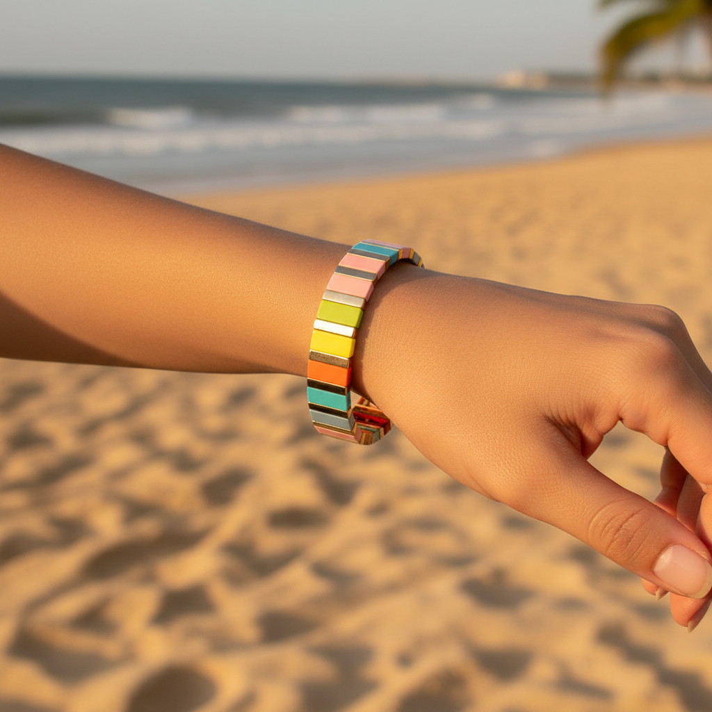 Lagoon Tile Bracelet worn on wrist at beach