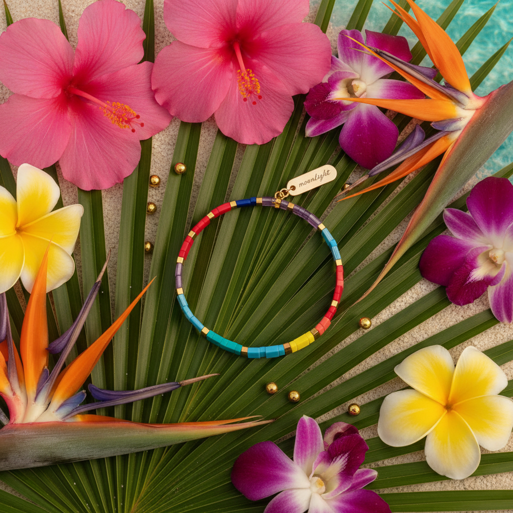 Coral Drift Bracelet on palm leaf with tropical flowers