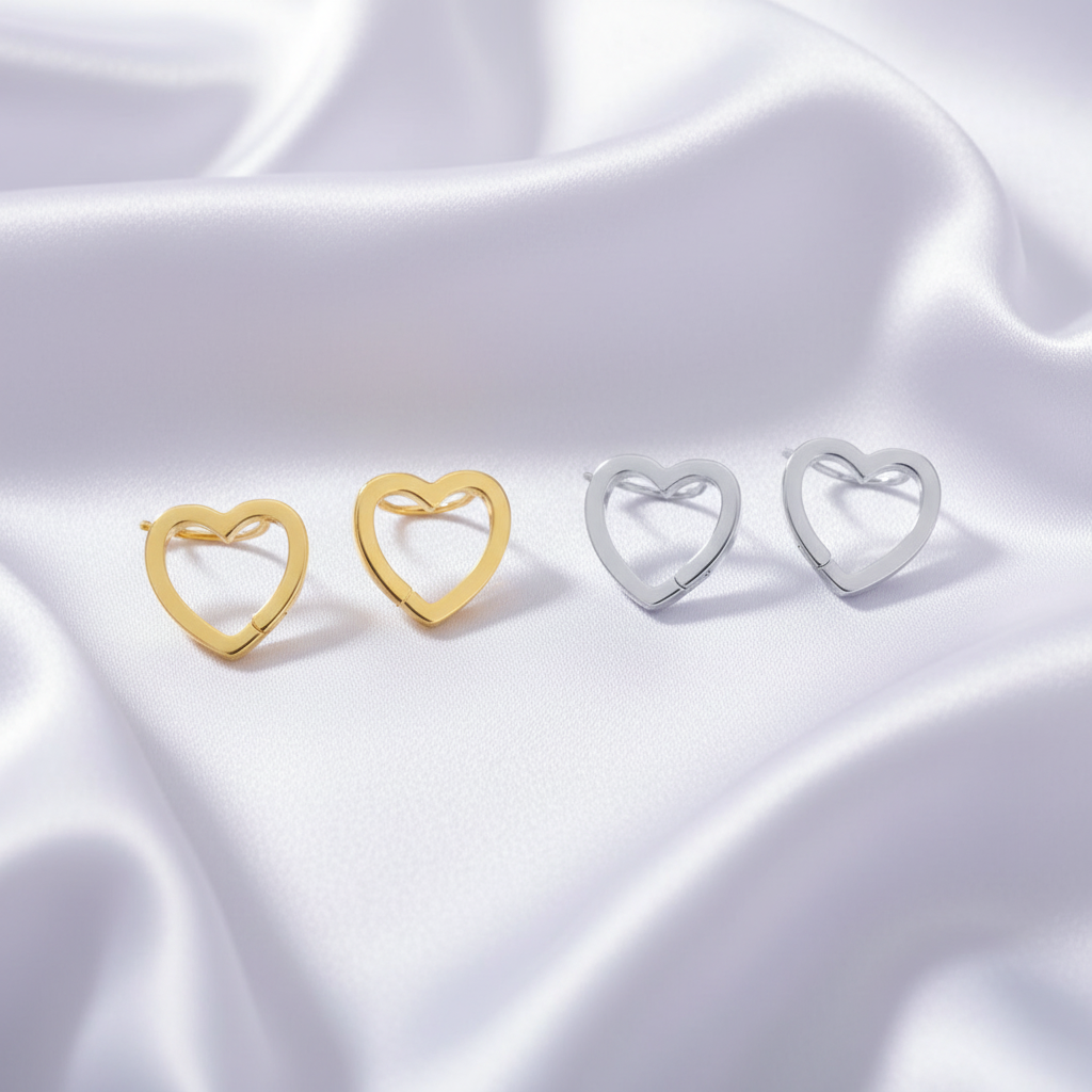 Moonlit Heart Earrings gold and silver on lavender silk
