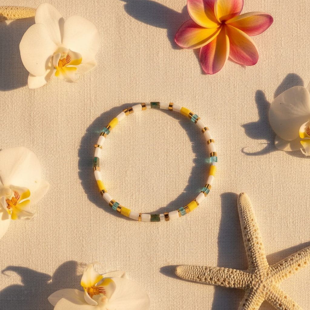 Sunbeam Spell Bracelet styled with tropical flowers and starfish