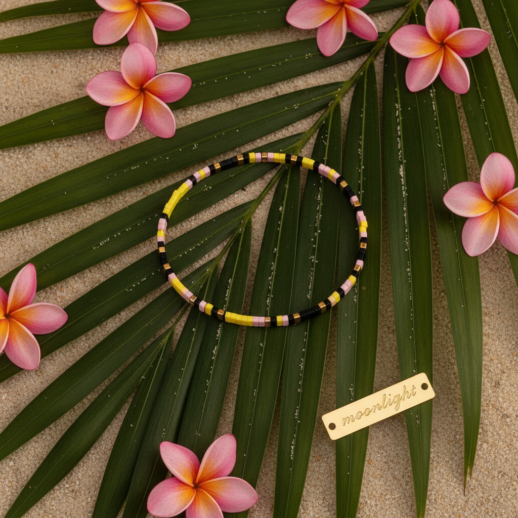 Horizon Charm Bracelet on palm leaf tropical flat lay