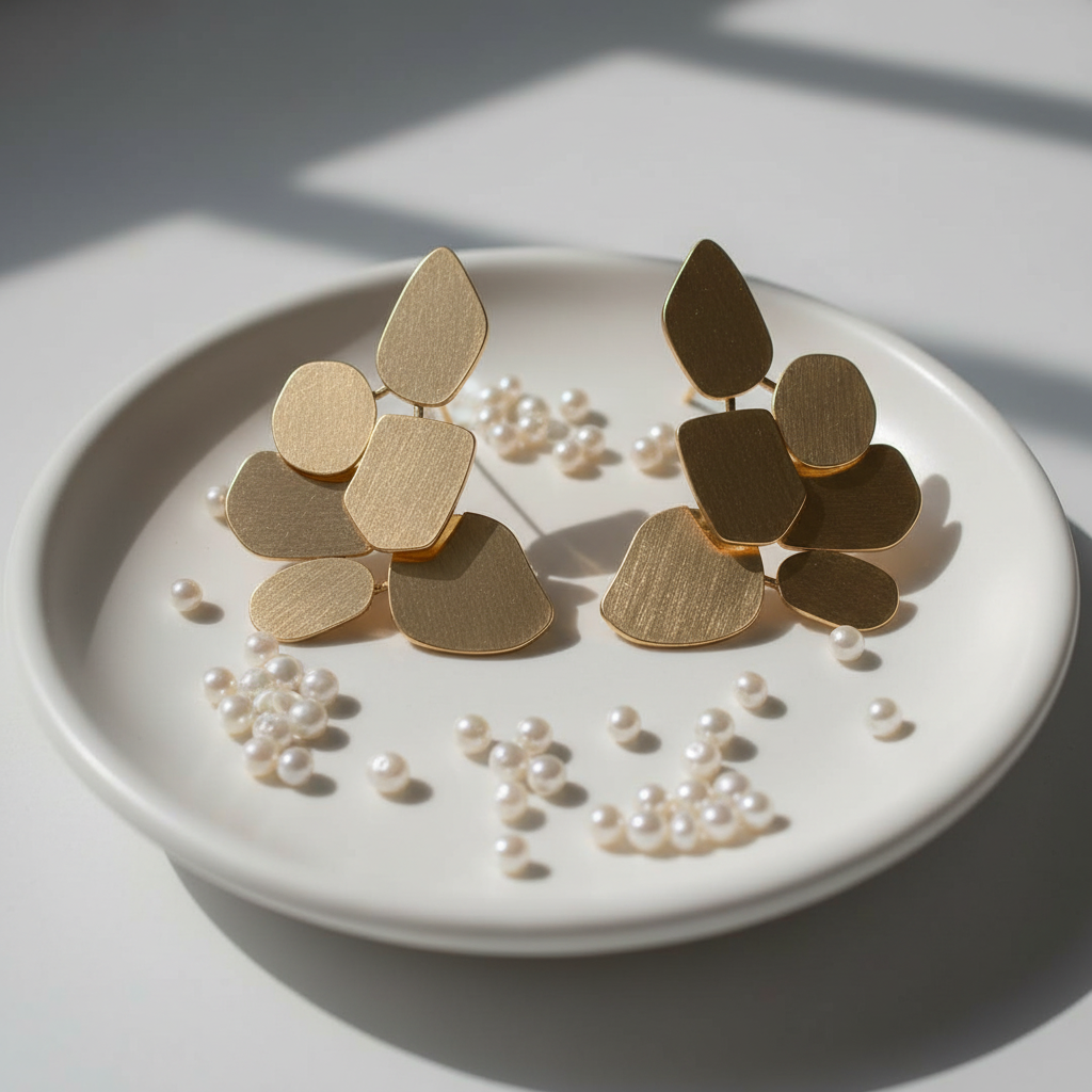 Whisper Leaf Earrings on white ceramic dish with pearls