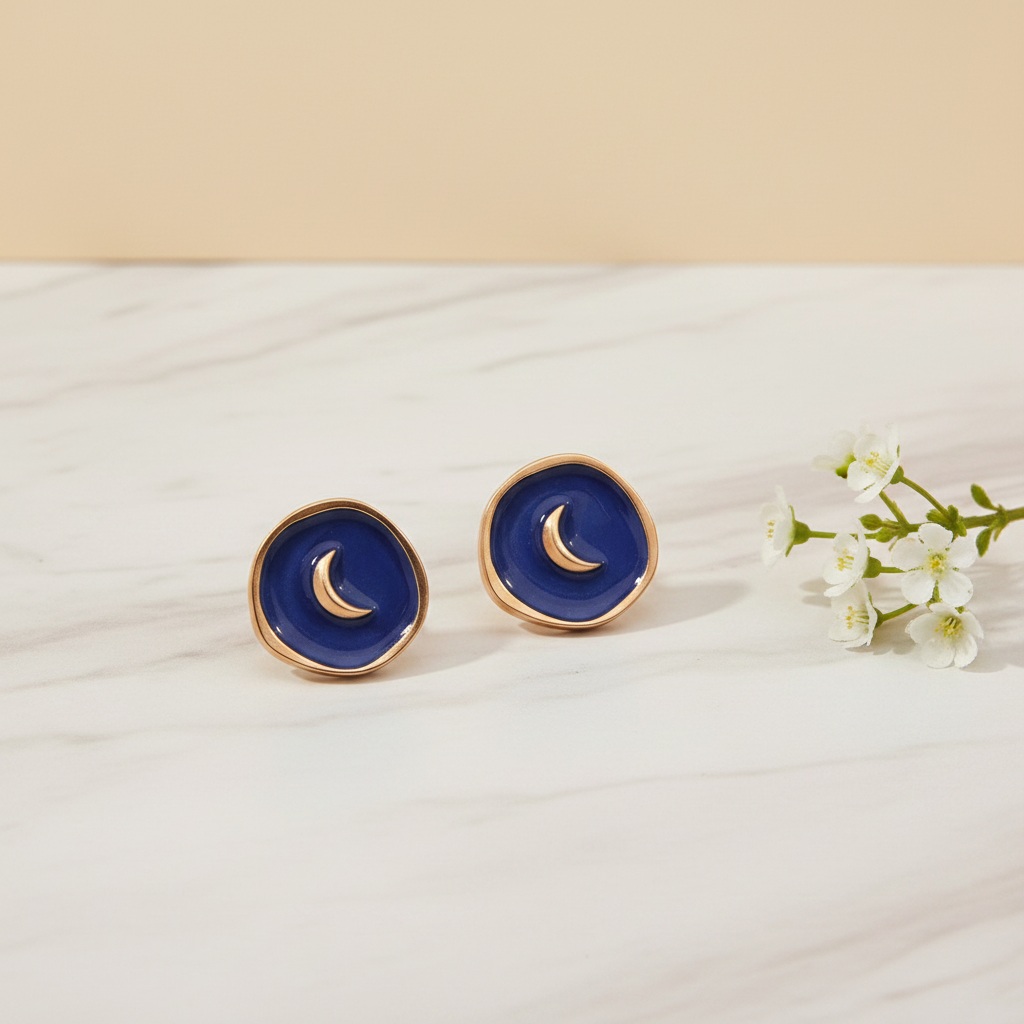 Luna Crescent Earrings on light grey marble with white flower
