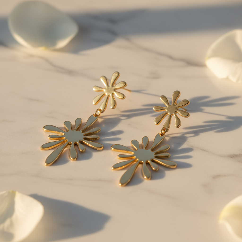 Double Flower Earrings on marble surface