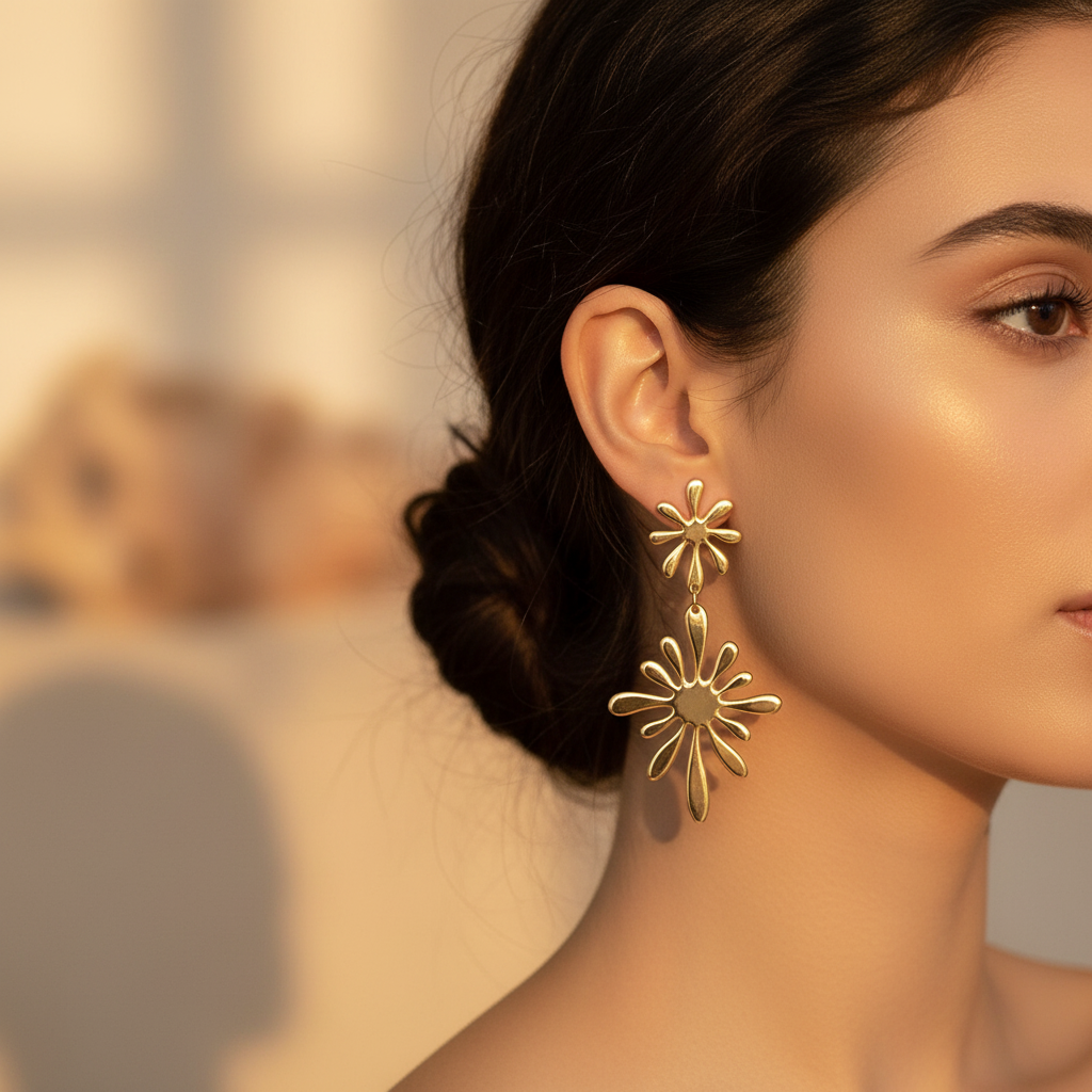 Double Flower Earrings worn on ear