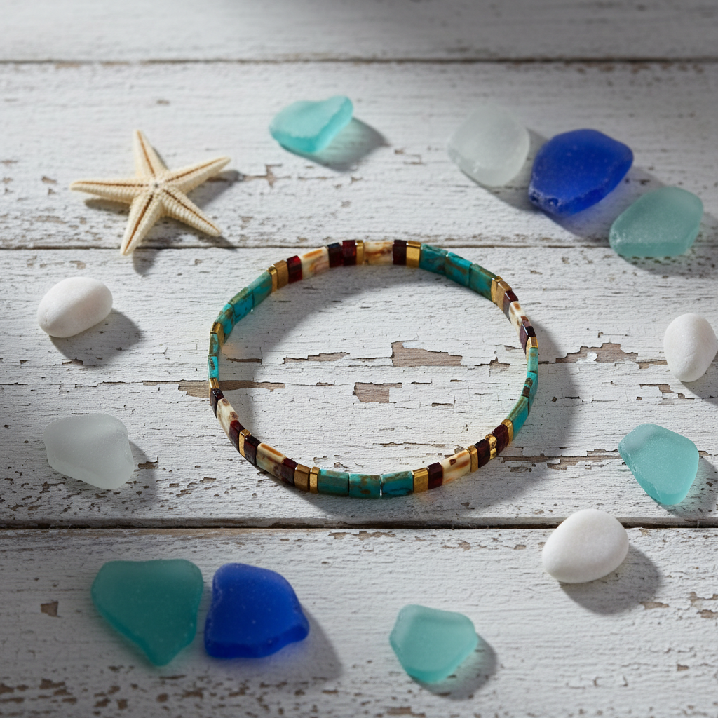 Tide Charm Bracelet flat lay with starfish and sea glass