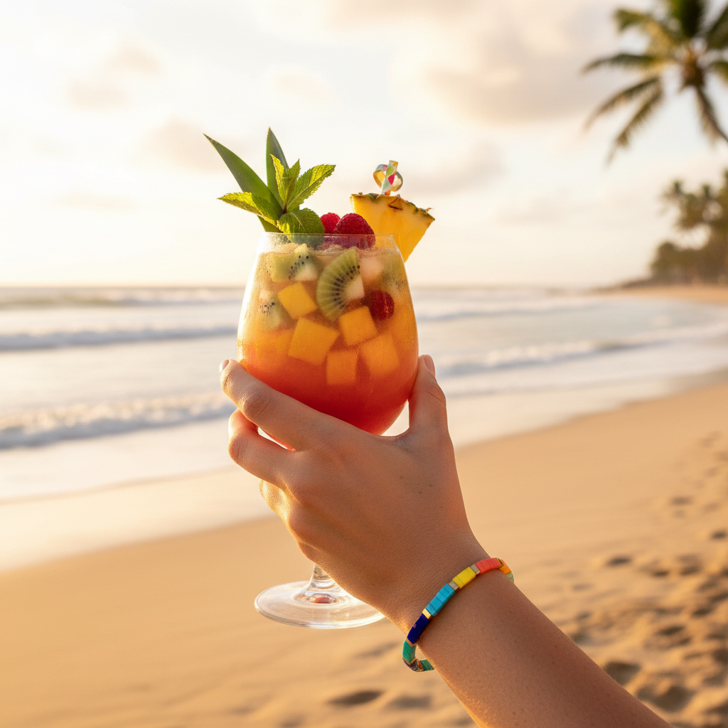 Coral Drift Bracelet worn on wrist holding tropical cocktail at beach