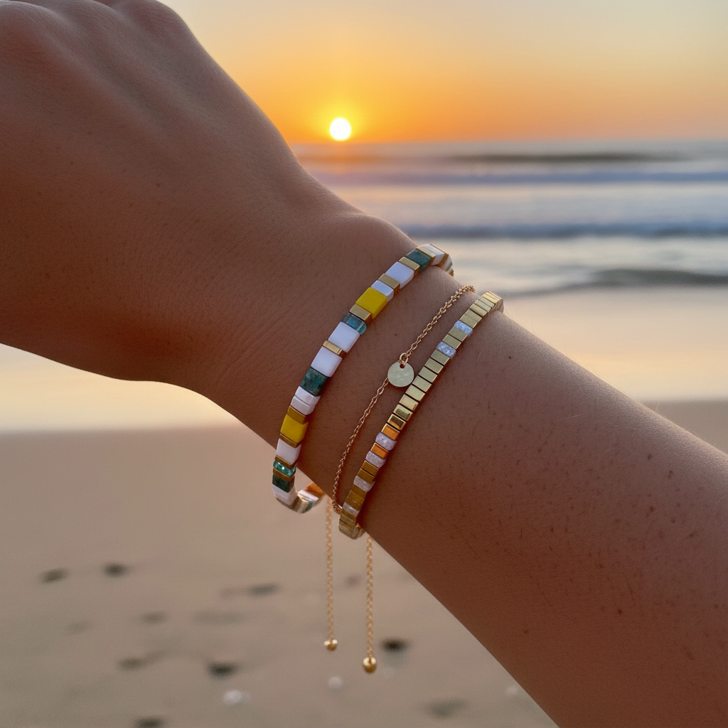 Sunbeam Spell Bracelet stacked at sunset