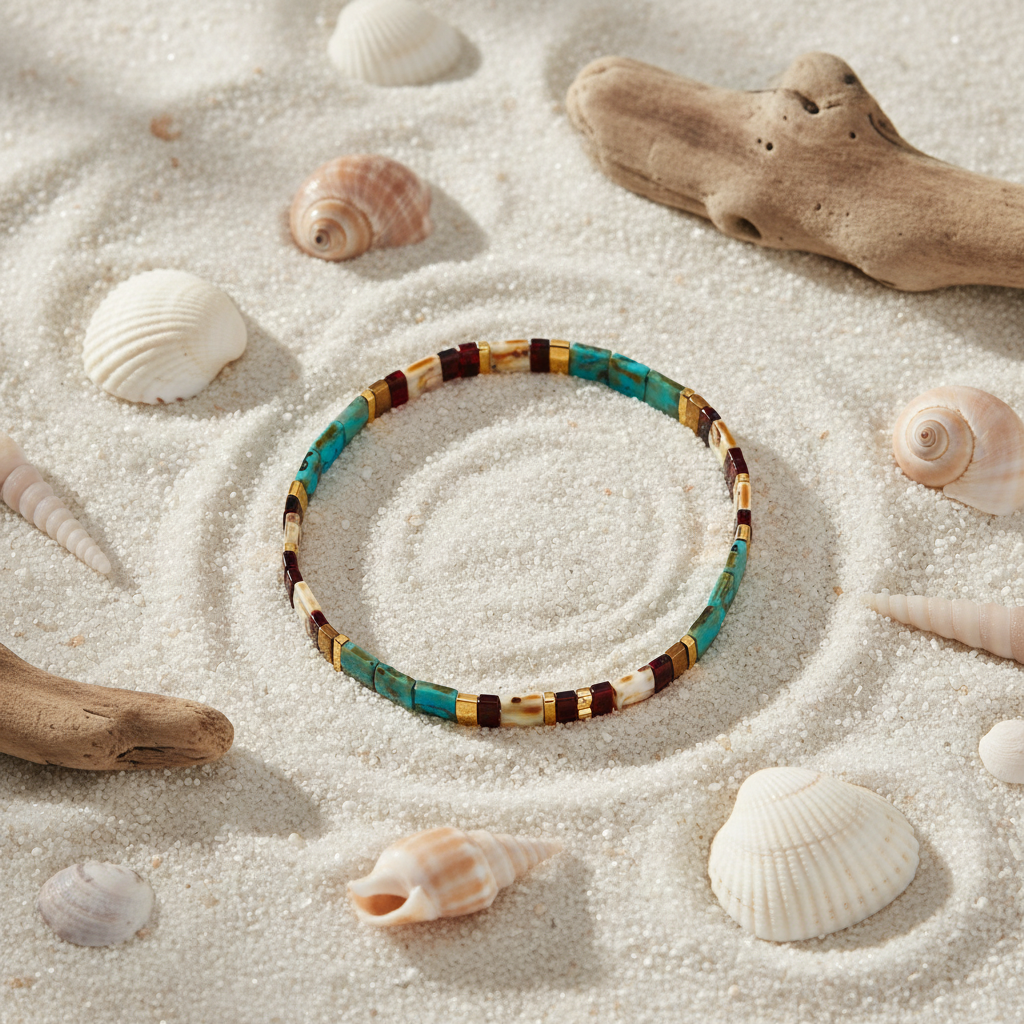 Tide Charm Bracelet flat lay on sand with driftwood