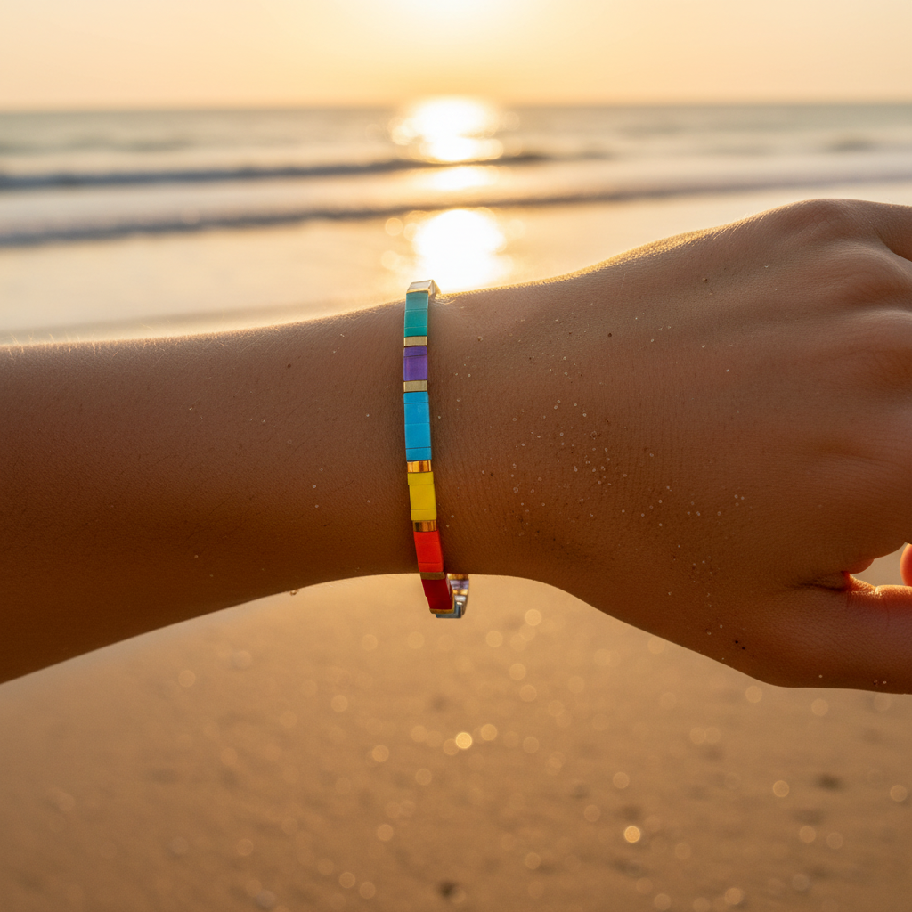Coral Drift Bracelet worn on wrist at beach
