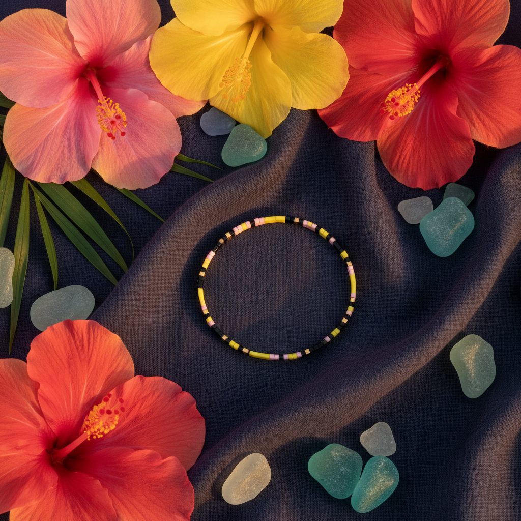 Horizon Charm Bracelet styled with hibiscus on navy linen
