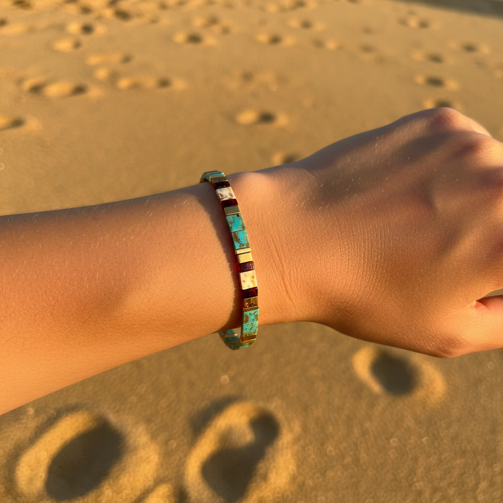 Tide Charm Bracelet worn on wrist at beach