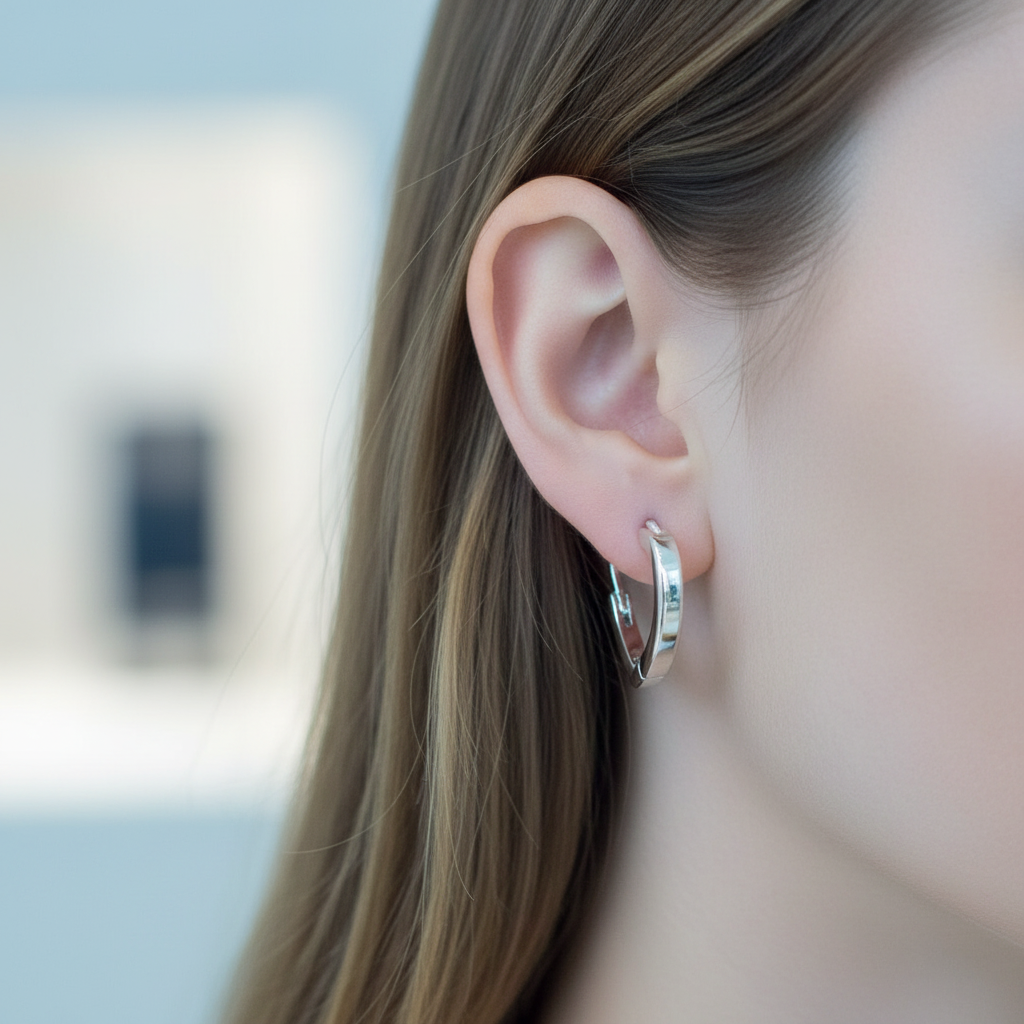 Moonlit Heart Earrings silver close-up on ear portrait