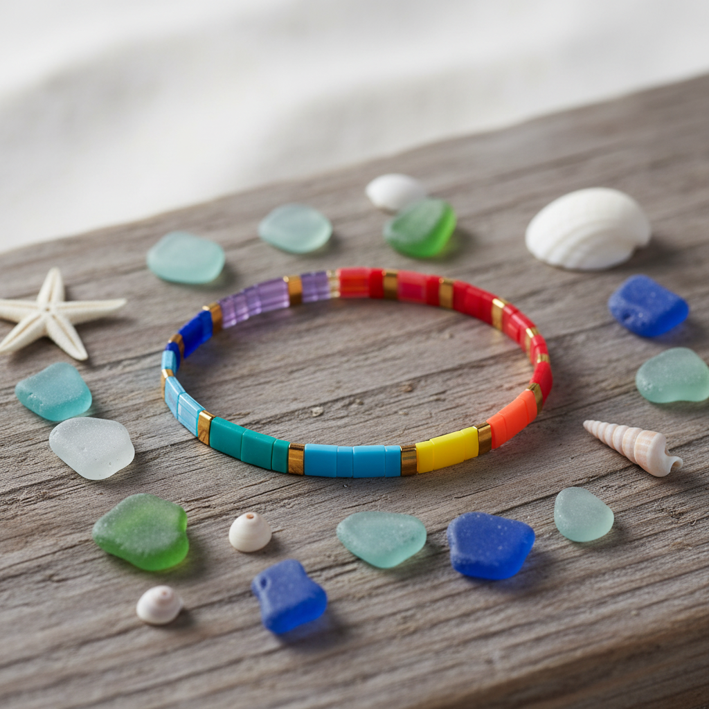 Coral Drift Bracelet on driftwood with sea glass and shells