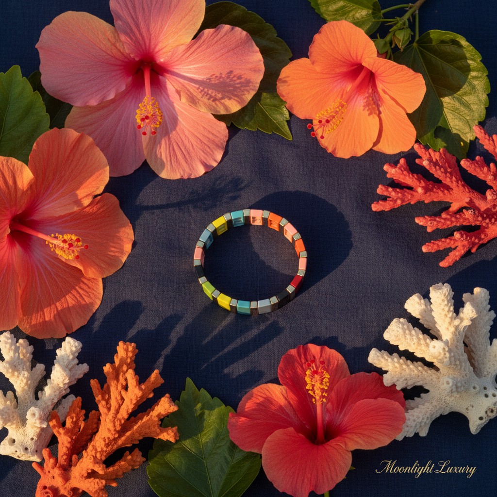 Lagoon Tile Bracelet styled with tropical flowers