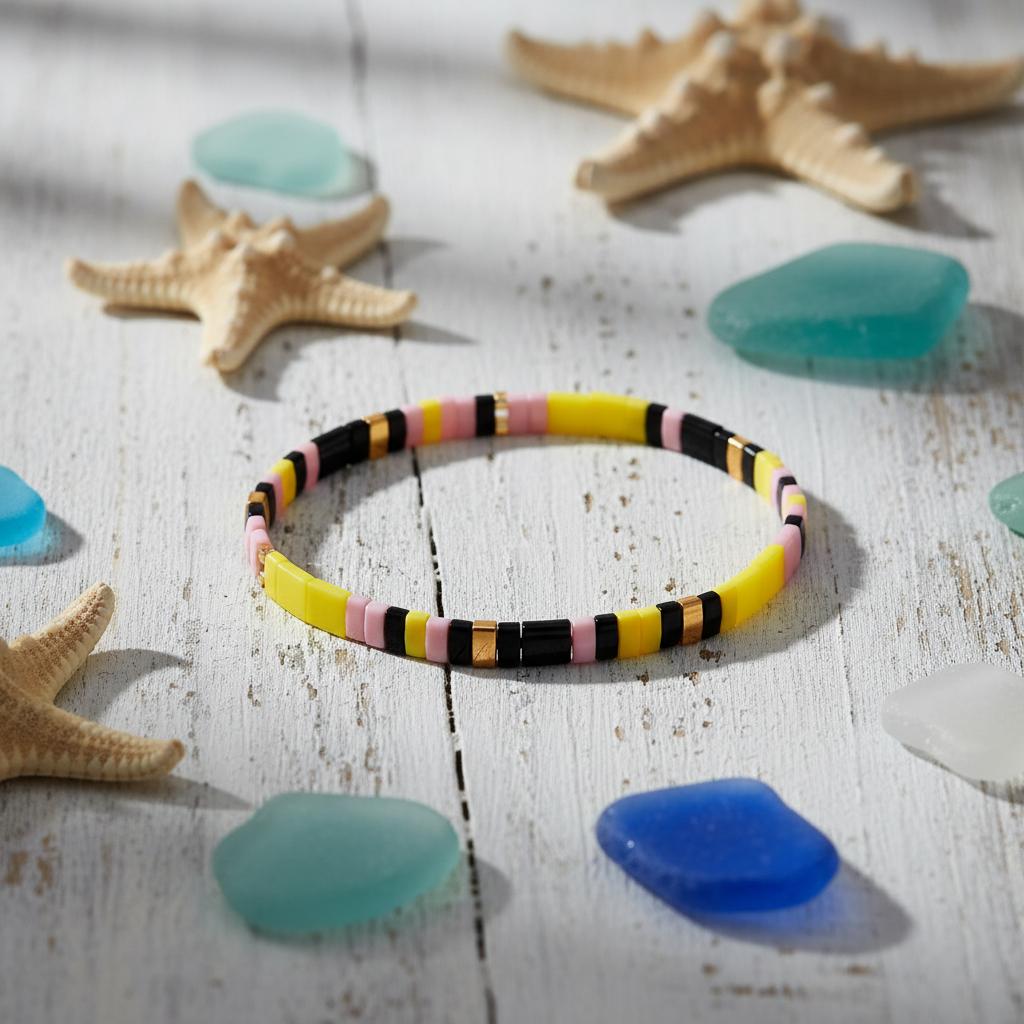 Horizon Charm Bracelet flat lay with starfish and sea glass