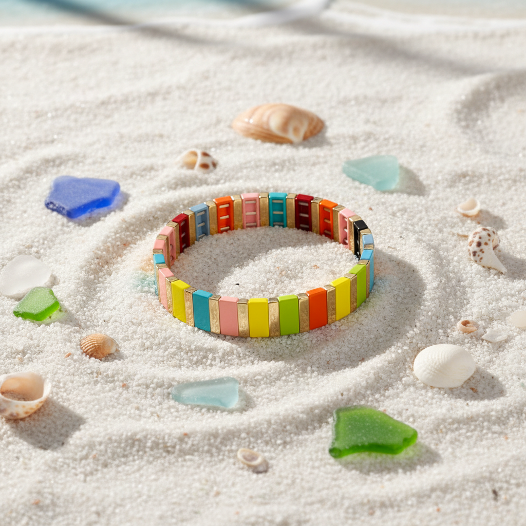 Lagoon Tile Bracelet flat lay on sand with seashells