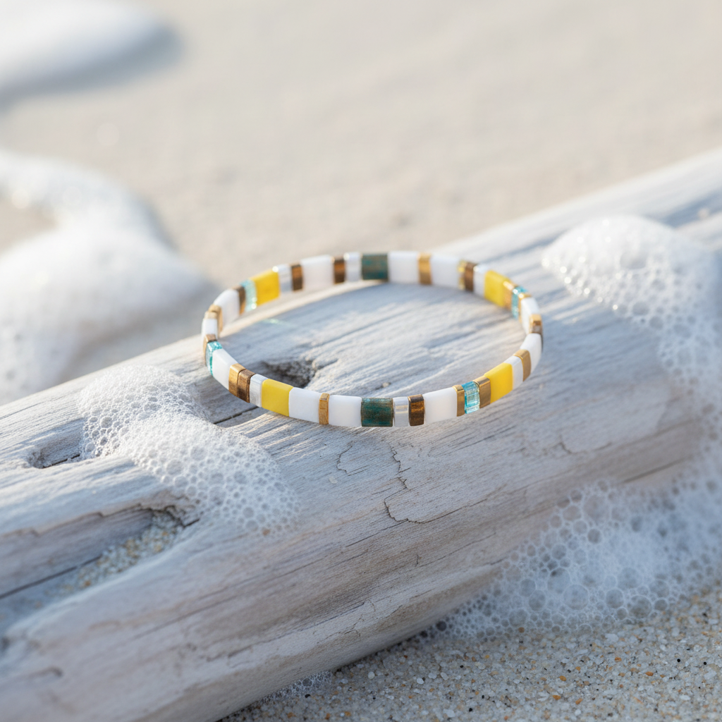 Sunbeam Spell Bracelet on driftwood with sea foam