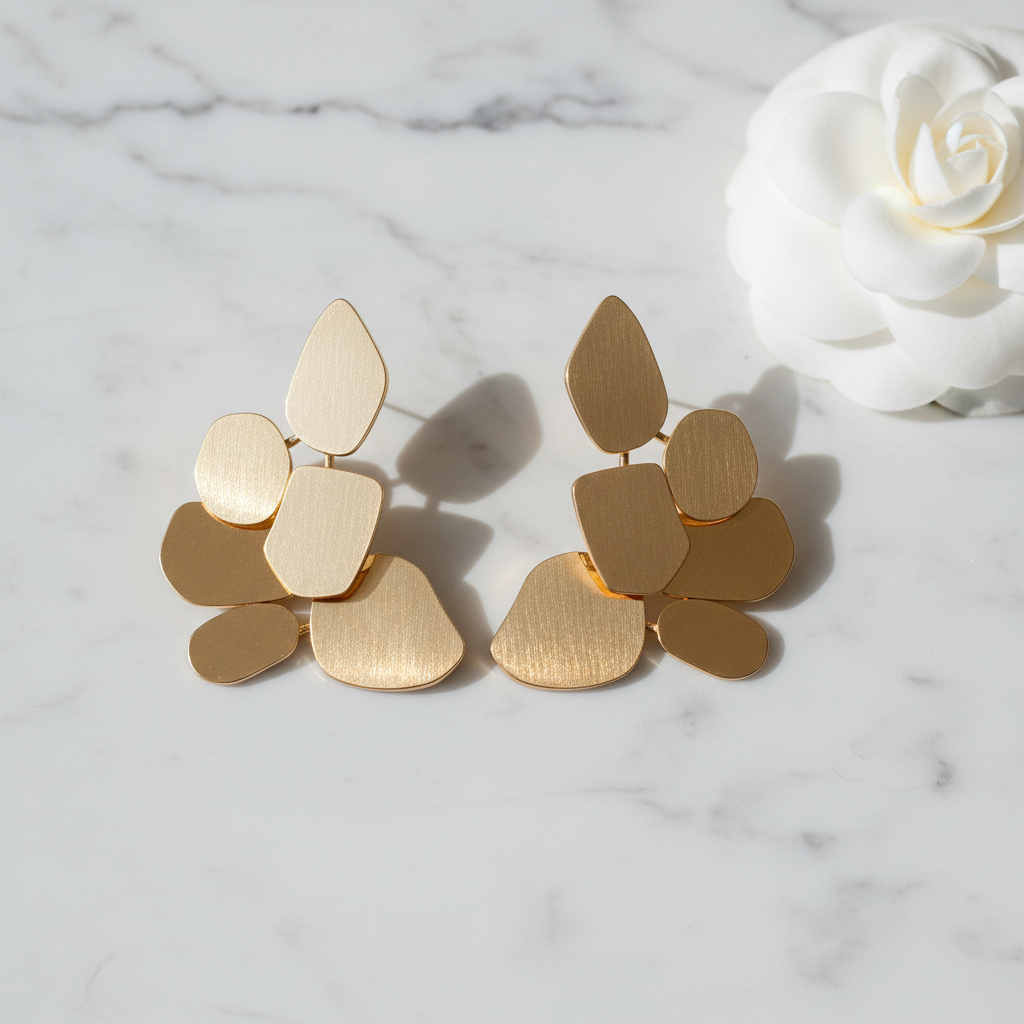 Whisper Leaf Earrings flat lay on white marble with white flower
