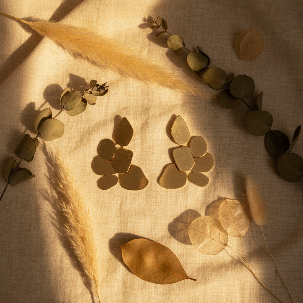 Whisper Leaf Earrings flat lay on ivory linen with dried botanicals
