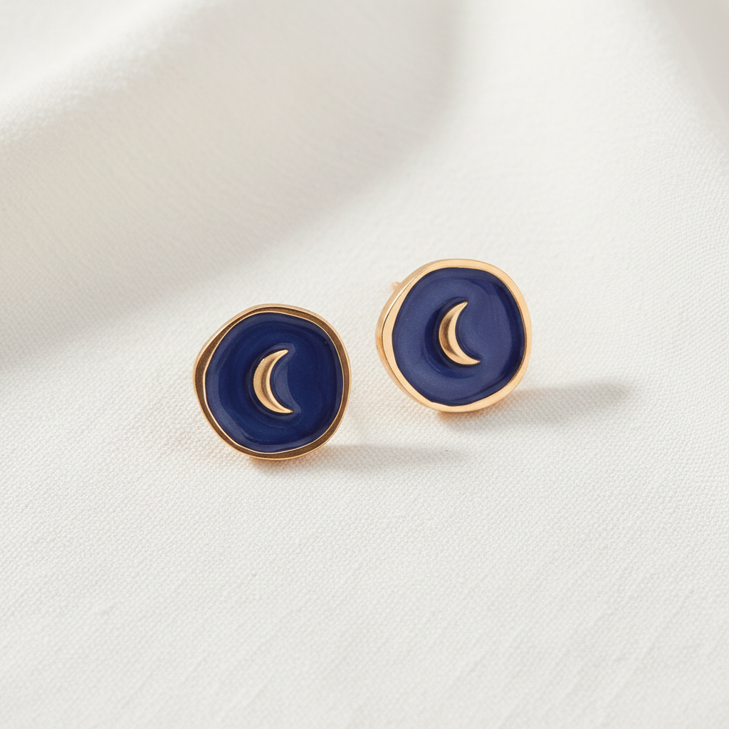 Luna Crescent Earrings flat lay on white linen