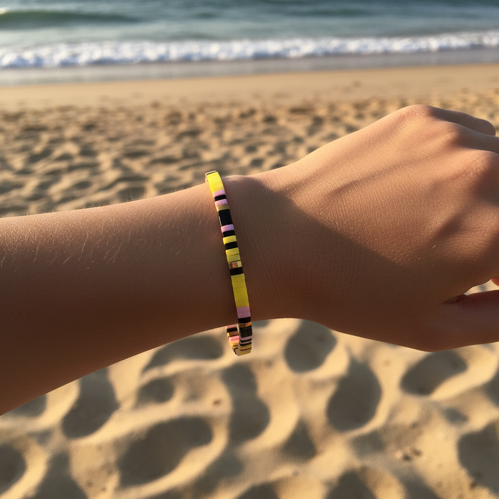 Horizon Charm Bracelet worn on wrist at beach