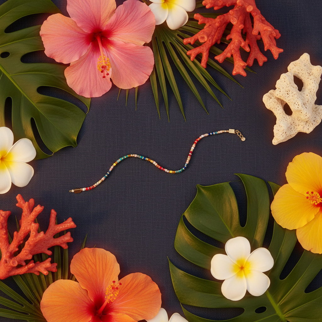Shoreline Spell Bracelet styled with tropical flowers