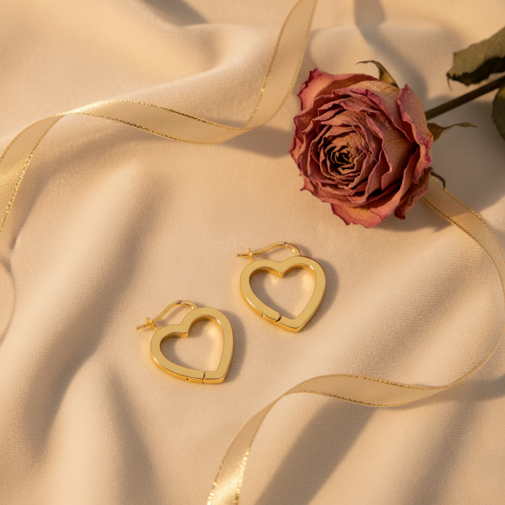 Moonlit Heart Earrings gold on cream velvet with dried rose
