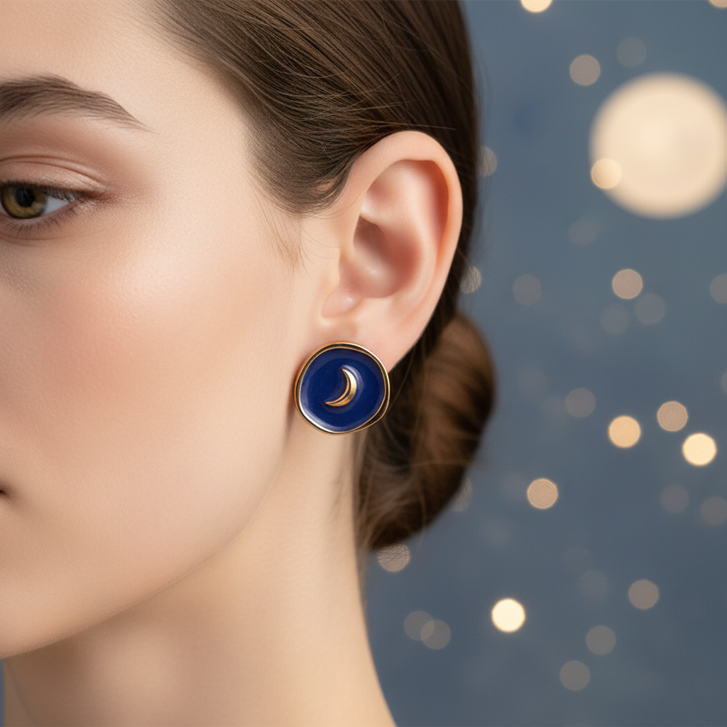 Luna Crescent Earrings worn on ear with moonlit background