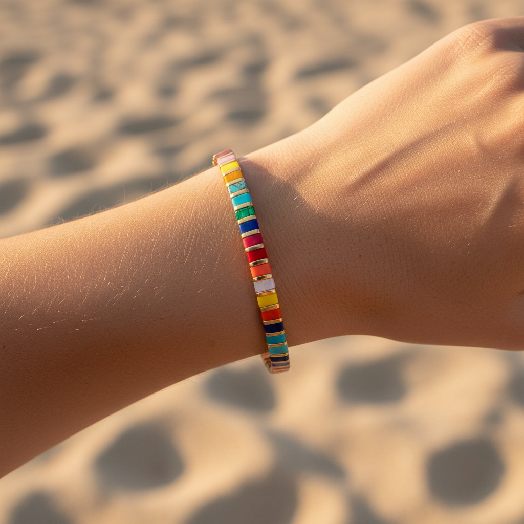 Shoreline Spell Bracelet worn on wrist at beach