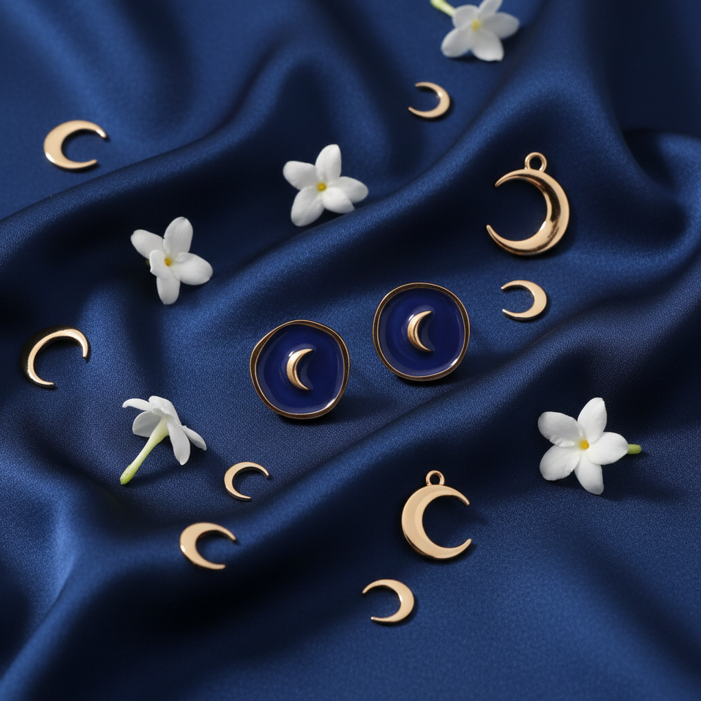 Luna Crescent Earrings styled on dark silk with white flowers