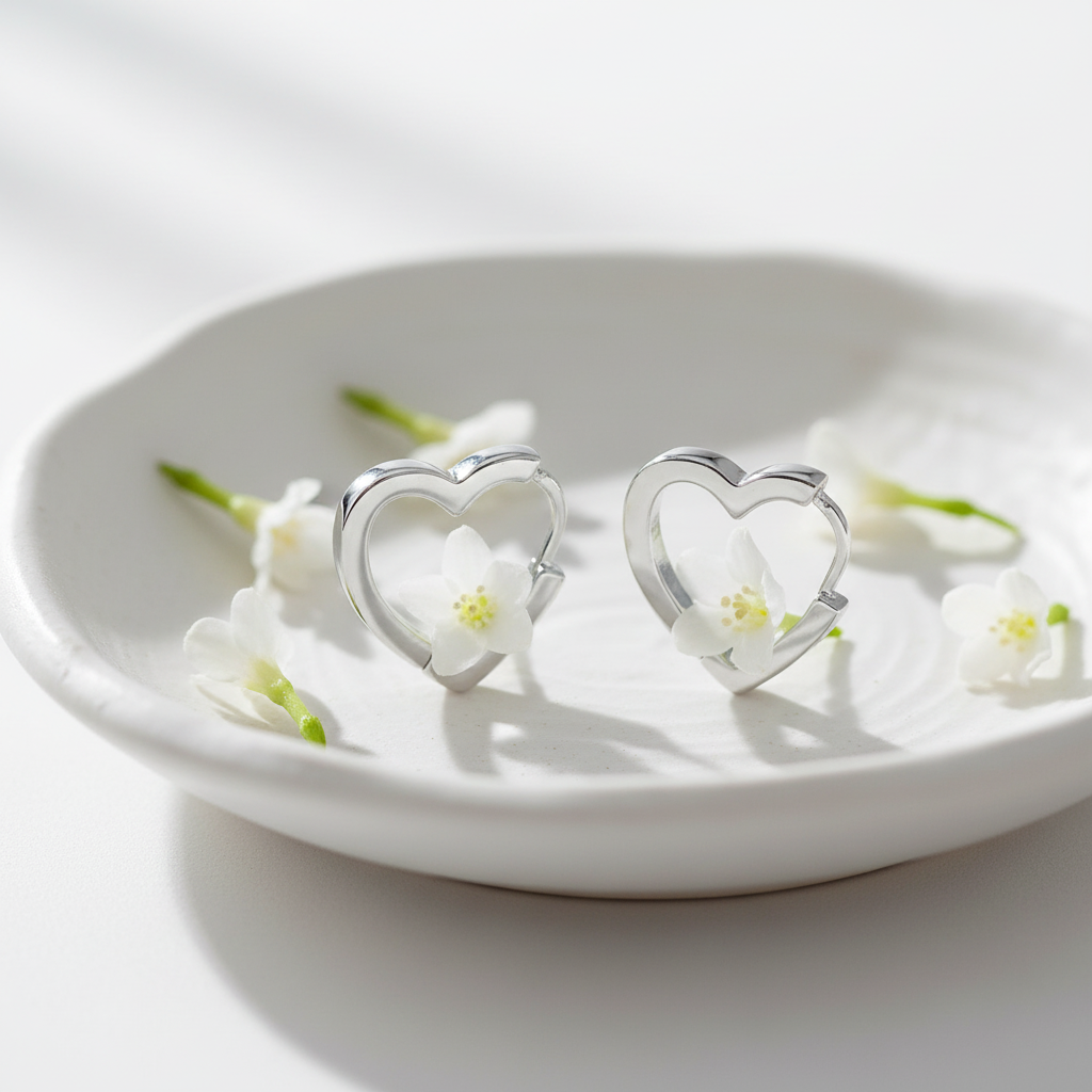 Moonlit Heart Earrings silver on ceramic dish with white flowers