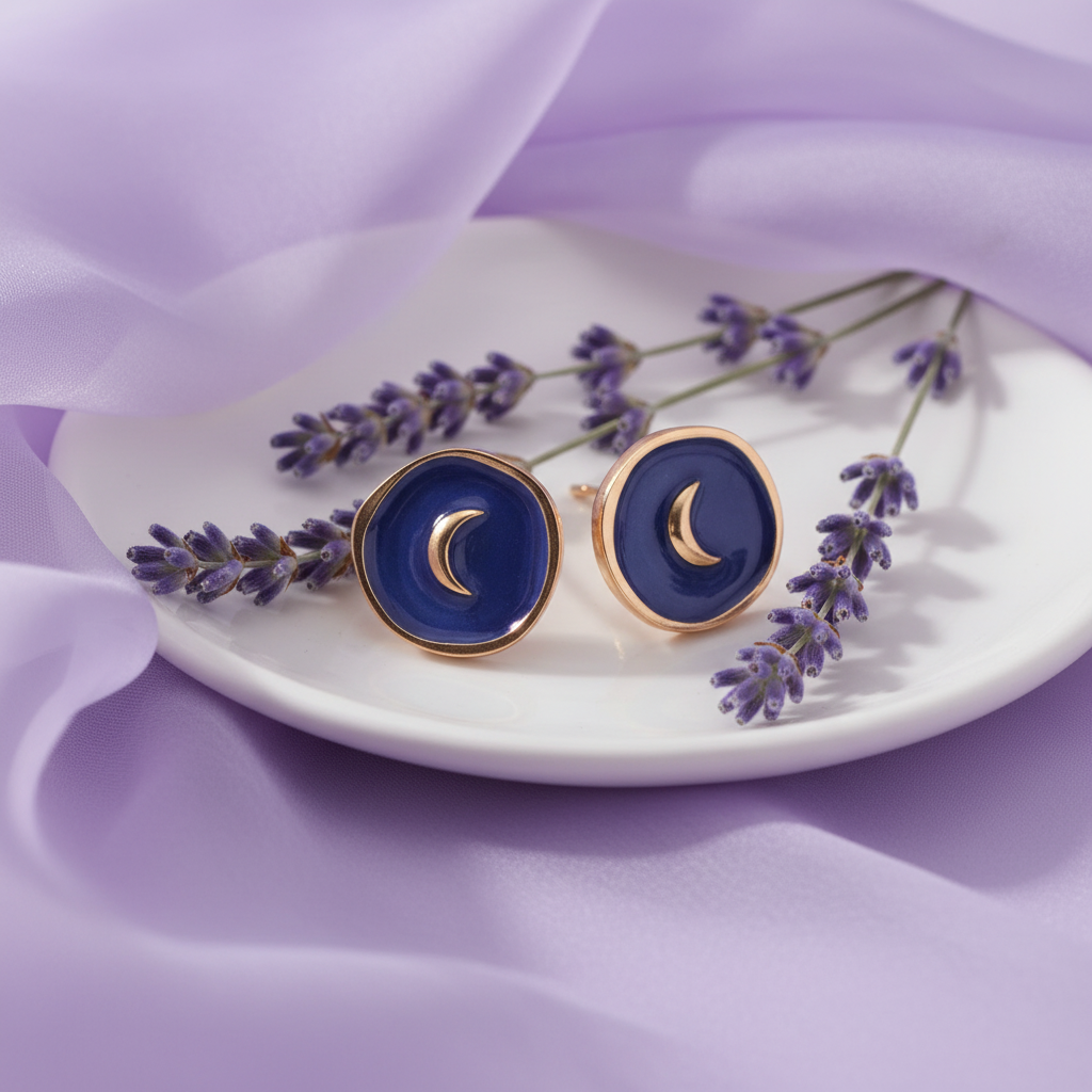 Luna Crescent Earrings on lavender jewelry dish