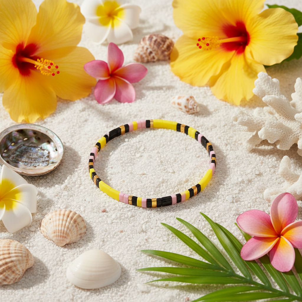 Horizon Charm Bracelet flat lay on sand with tropical flowers
