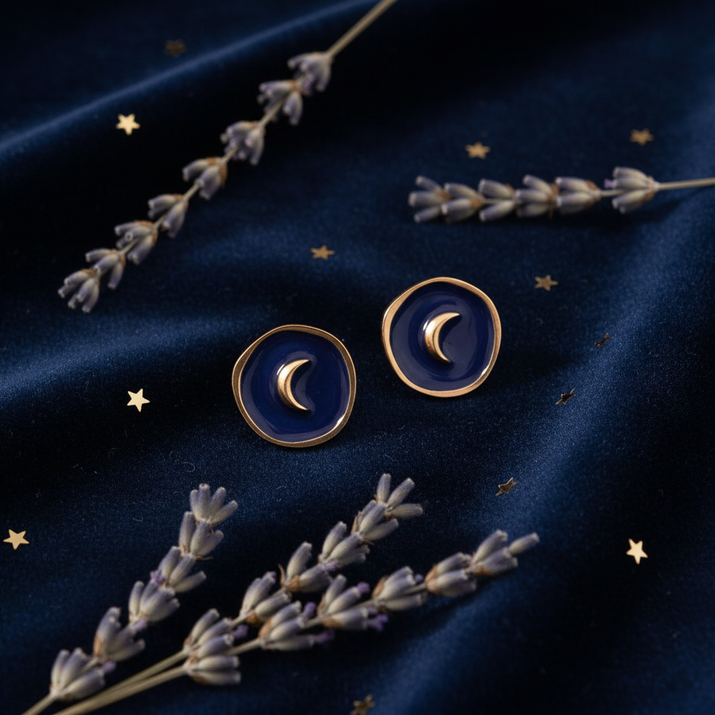 Luna Crescent Earrings flat lay on navy velvet with gold stars