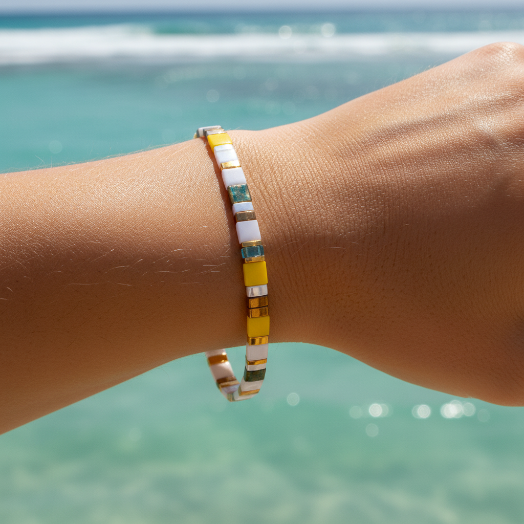 Sunbeam Spell Bracelet close-up with ocean background